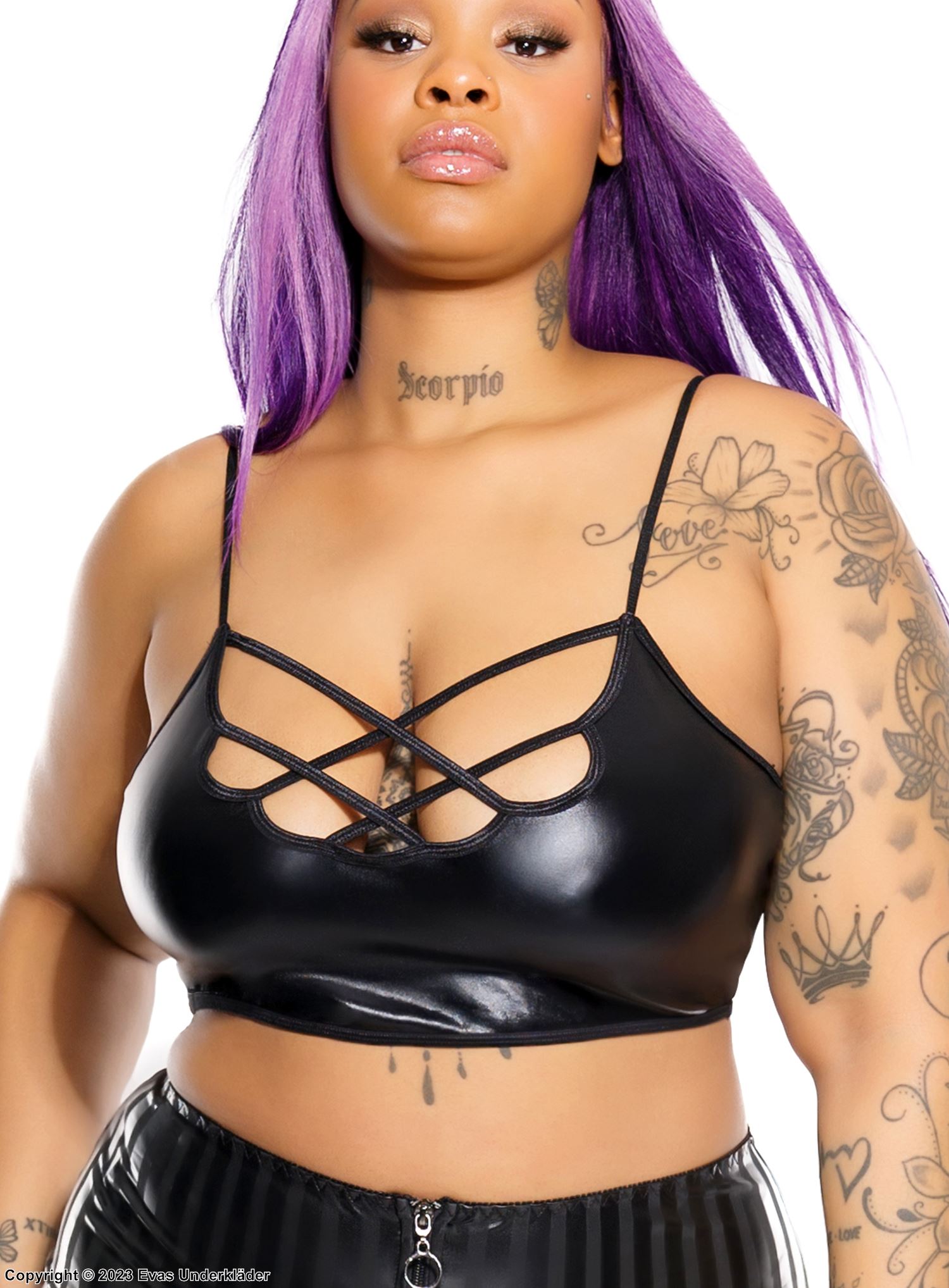 Bralette, wet look, strappy front, plus size